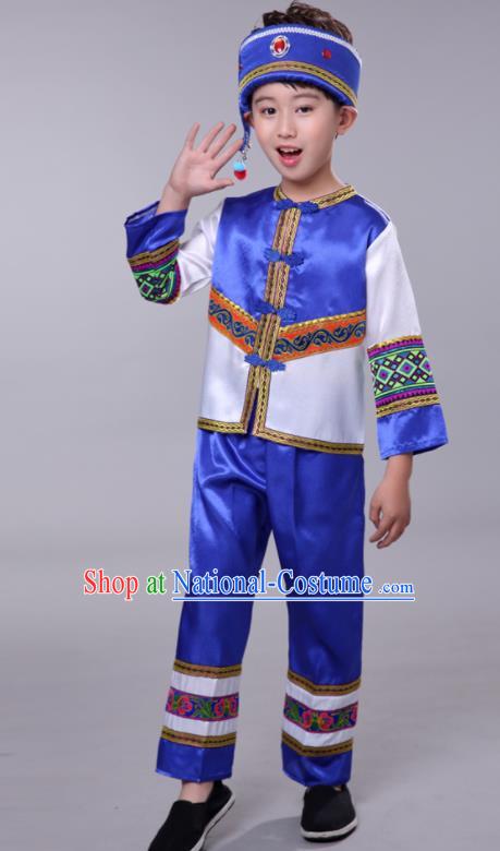 Chinese Tujia Minority Folk Dance Clothing Yi Nationality Boy Royal Blue Outfits Ethnic Festival Costumes