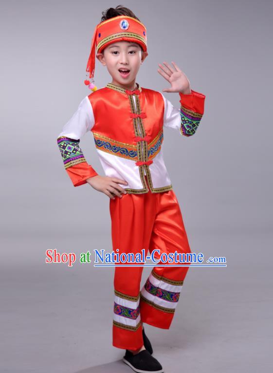 Chinese Ethnic Festival Costumes Tujia Minority Folk Dance Clothing Yi Nationality Boy Red Outfits