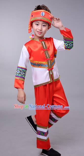 Chinese Ethnic Festival Costumes Tujia Minority Folk Dance Clothing Yi Nationality Boy Red Outfits