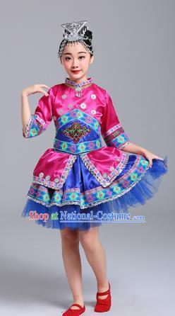 Chinese Yi Minority Folk Dance Clothing Guangxi Nationality Girl Megenta Dress Outfits Zhuang Ethnic Festival Costumes