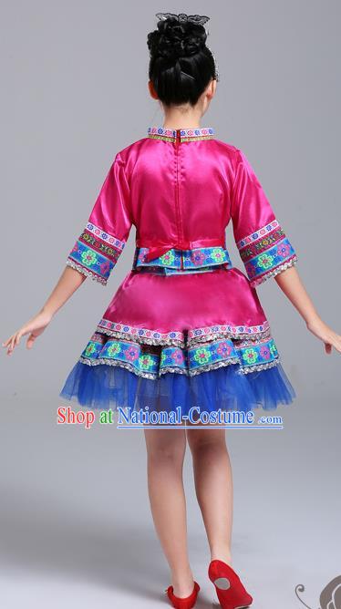 Chinese Yi Minority Folk Dance Clothing Guangxi Nationality Girl Megenta Dress Outfits Zhuang Ethnic Festival Costumes