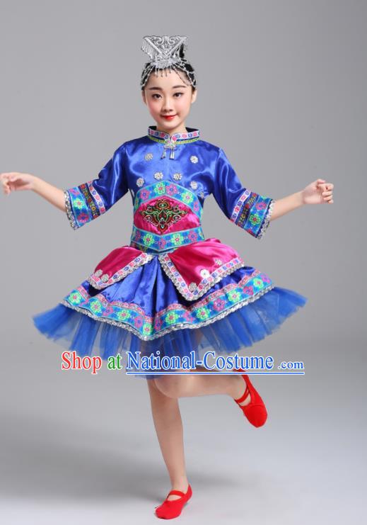 Chinese Zhuang Ethnic Festival Costumes Yi Minority Folk Dance Clothing Guangxi Nationality Girl Royal Blue Dress Outfits