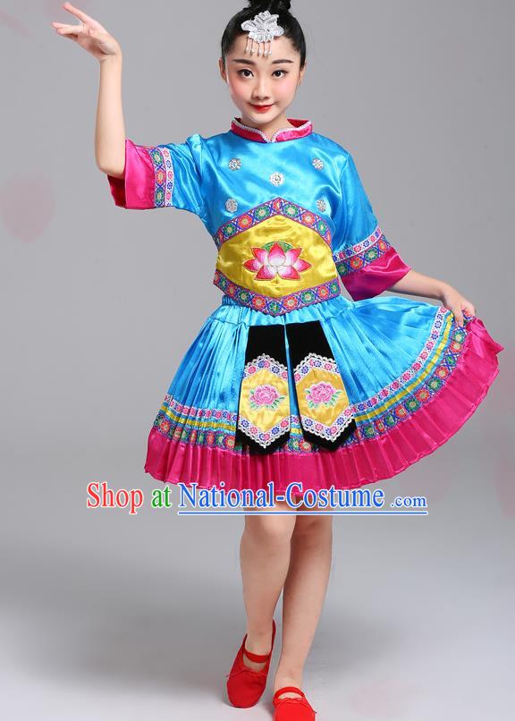 Chinese Guangxi Nationality Girl Blue Dress Outfits Zhuang Ethnic Festival Costumes Yi Minority Folk Dance Clothing