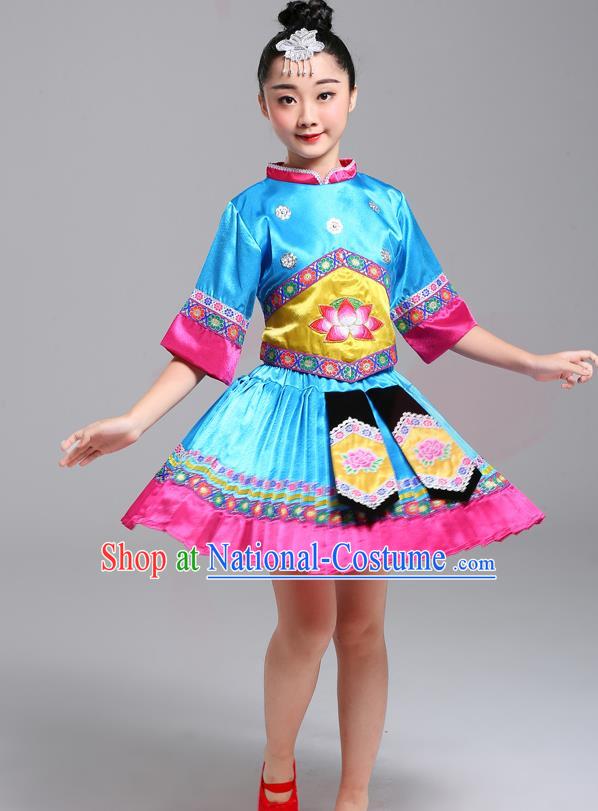 Chinese Guangxi Nationality Girl Blue Dress Outfits Zhuang Ethnic Festival Costumes Yi Minority Folk Dance Clothing