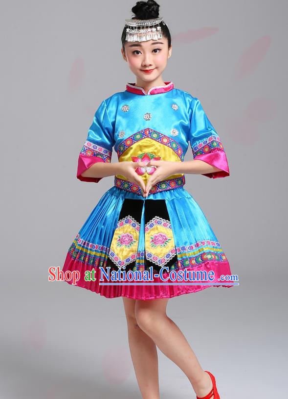 Chinese Guangxi Nationality Girl Blue Dress Outfits Zhuang Ethnic Festival Costumes Yi Minority Folk Dance Clothing