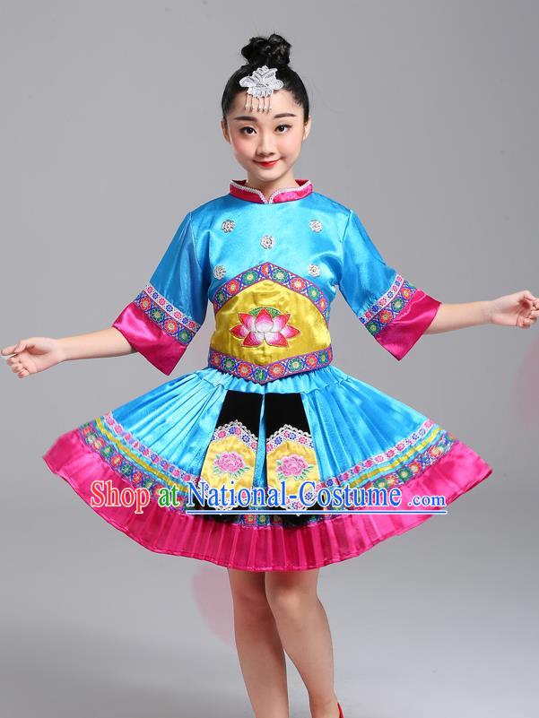 Chinese Guangxi Nationality Girl Blue Dress Outfits Zhuang Ethnic Festival Costumes Yi Minority Folk Dance Clothing