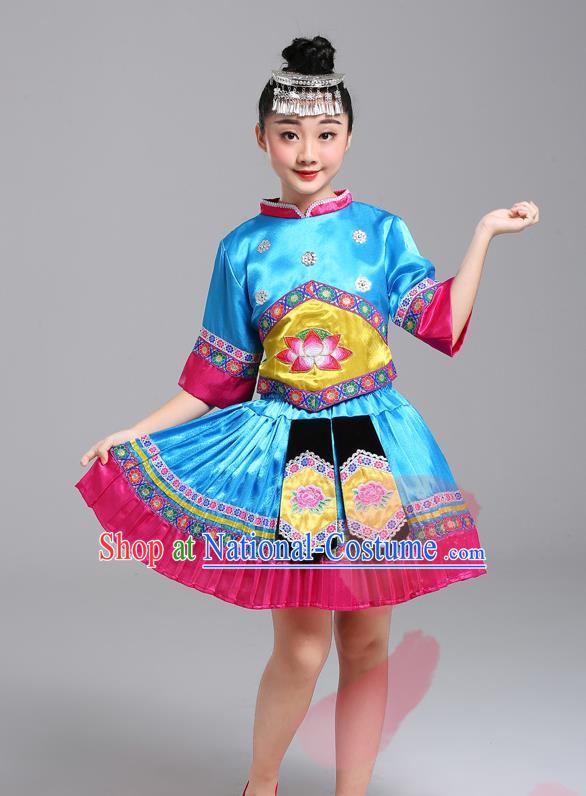 Chinese Guangxi Nationality Girl Blue Dress Outfits Zhuang Ethnic Festival Costumes Yi Minority Folk Dance Clothing