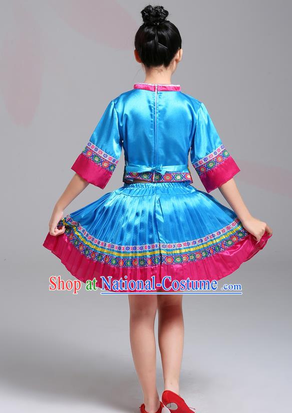 Chinese Guangxi Nationality Girl Blue Dress Outfits Zhuang Ethnic Festival Costumes Yi Minority Folk Dance Clothing