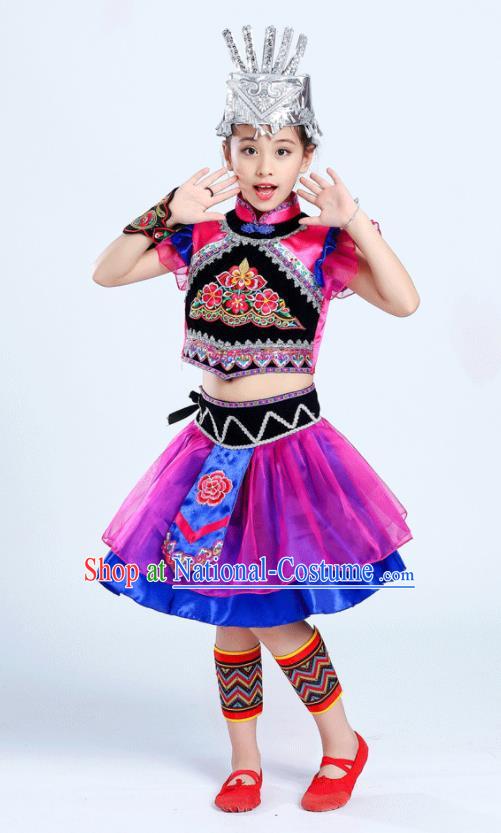 Chinese Ethnic Festival Performance Costumes Li Minority Folk Dance Clothing Yi  Nationality Girl Rosy Dress Outfits