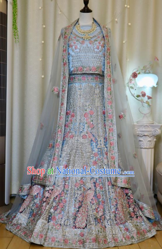 India Traditional Lengha Garment Top Embroidered Blue Dress Outfit Indian Wedding Clothing