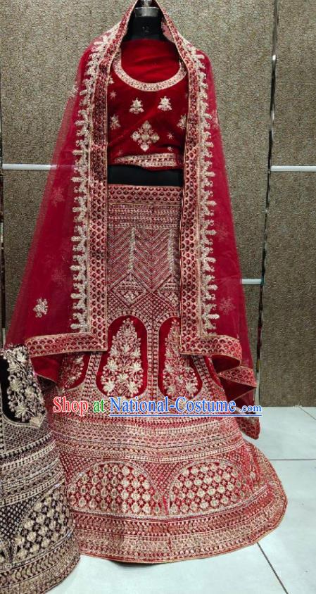 Top Embroidered Deep Red Dress Outfit Indian Wedding Clothing India Traditional Bride Lengha Garment