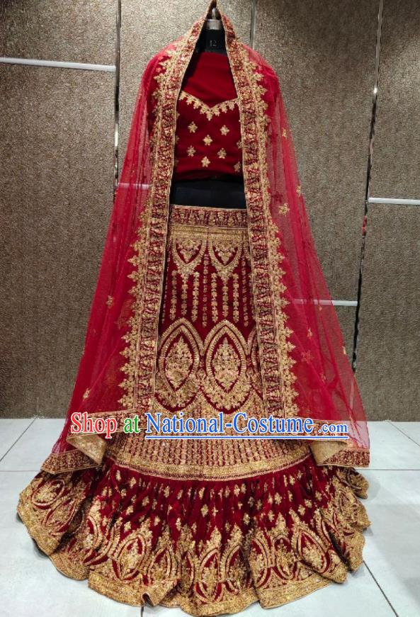 India Traditional Bride Lengha Garment Top Embroidered Red Velvet Dress Outfit Indian Wedding Clothing