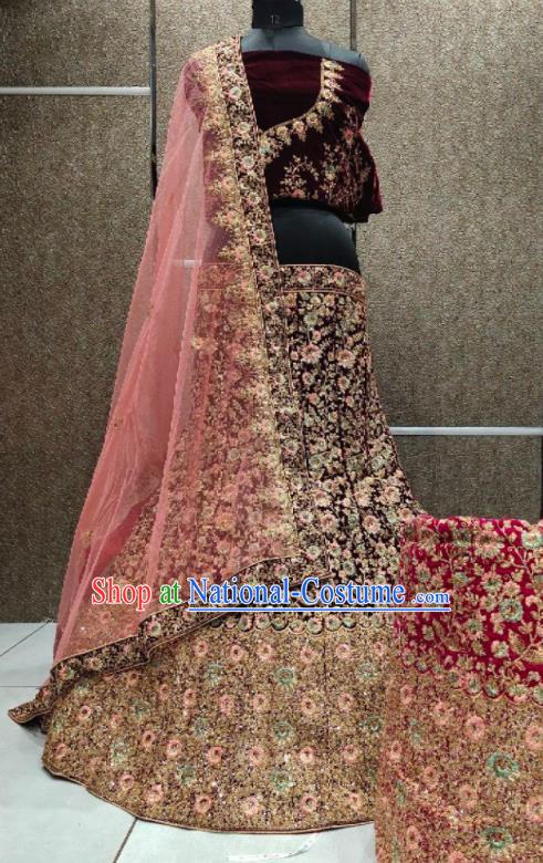 Top Indian Traditional Bride Lengha Garment Embroidered Maroon Velvet Dress Outfit India Wedding Clothing