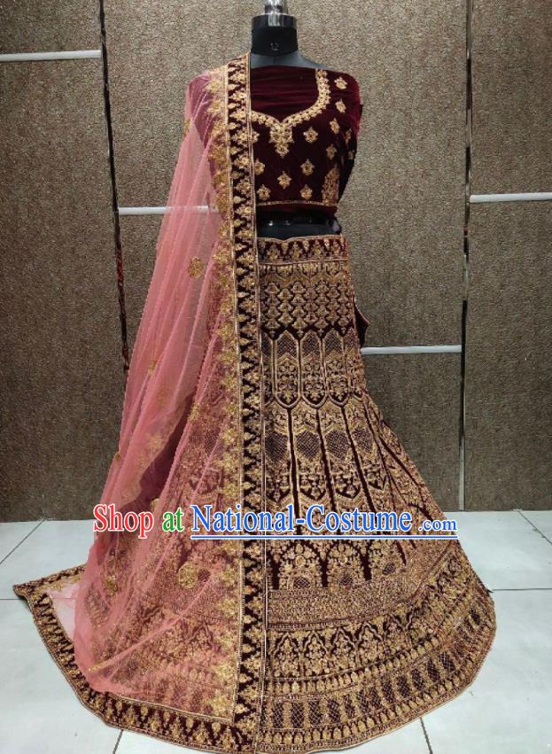 Top Indian Embroidered Maroon Velvet Dress Outfit India Wedding Clothing Traditional Bride Lengha Garment