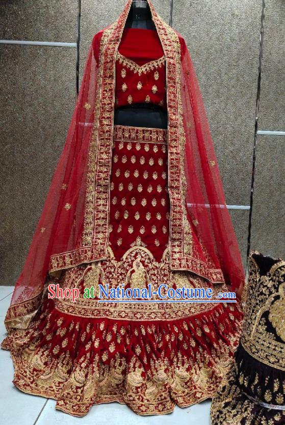 Top India Wedding Clothing Indian Traditional Bride Lengha Garment Embroidered Red Velvet Dress Outfit