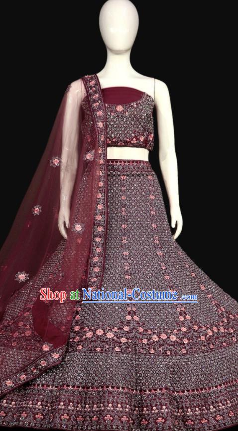 Indian Traditional Embroidered Wine Red Dress Outfit Wedding Clothing Top India Bride Lengha Garment