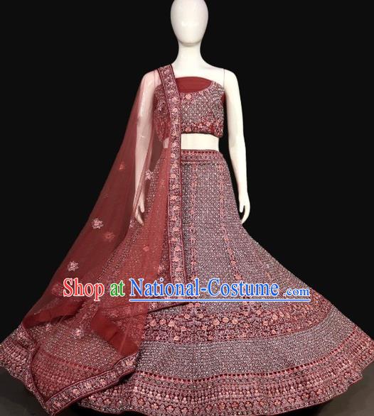 Top India Wedding Clothing Bride Lengha Garment Indian Traditional Embroidered Brick Red Dress Outfit