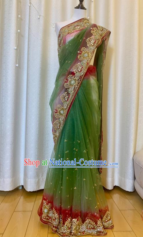 Indian Traditional Green Sari Dress Outfit Top India Clothing Bride Saree Garment