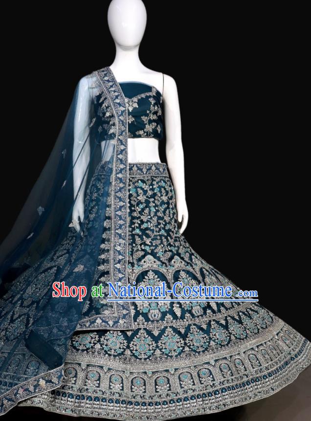 Top Indian Traditional Garment Dark Blue Wedding Dress Embroidered Skirt Outfit India Lengha Clothing