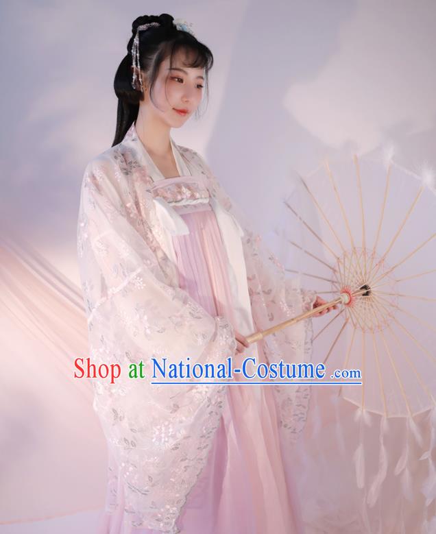 Chinese Traditional Hanfu Clothing Ancient Young Lady Pink Dress Tang Dynasty Princess Costumes