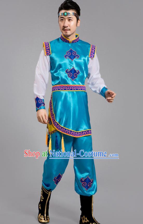 Chinese Mongol Nationality Men Blue Outfits Ethnic Folk Dance Costumes Mongolian Minority Festival Clothing