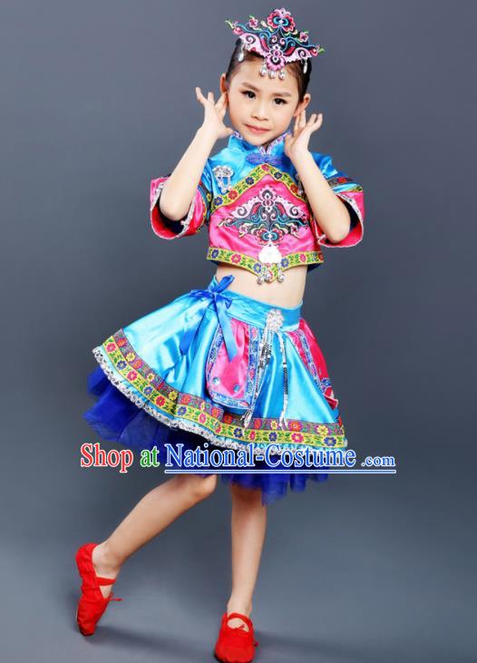 Chinese Yi Nationality Blue Dress Outfits Ethnic Folk Dance Costumes She Minority Children Festival Clothing