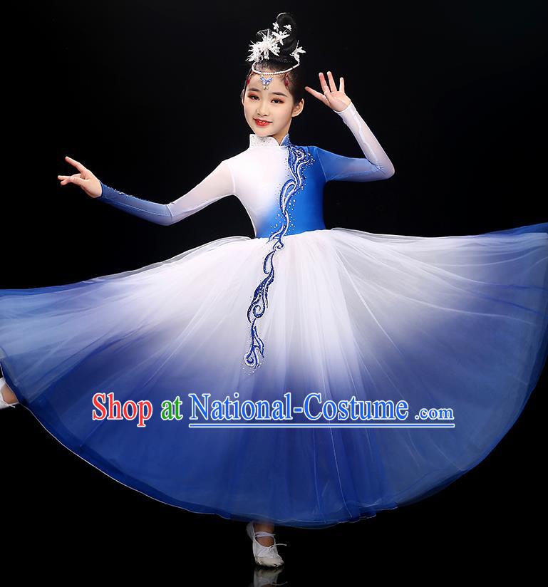 Chinese Traditional Dancewear Children Modern Dance Clothing Opening Dance Garment Costume Classical Dance Royal Blue Dress