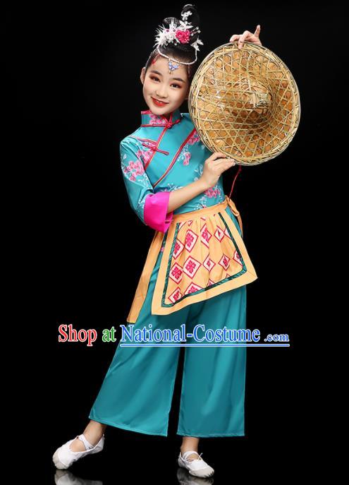 Chinese Children Folk Dance Clothing Group Dance Garment Costume Fan Dance Blue Uniform Traditional Tea Leaf Picking Dancewear