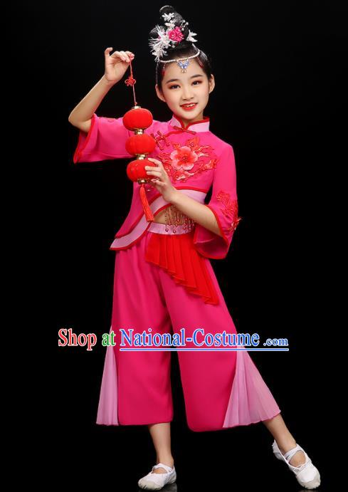 Chinese Traditional Umbrella Dancewear Children Folk Dance Clothing Group Dance Garment Costume Fan Dance Megenta Uniform