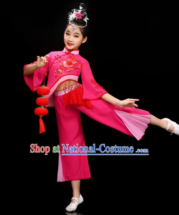 Chinese Traditional Umbrella Dancewear Children Folk Dance Clothing Group Dance Garment Costume Fan Dance Megenta Uniform