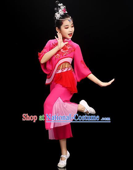 Chinese Traditional Umbrella Dancewear Children Folk Dance Clothing Group Dance Garment Costume Fan Dance Megenta Uniform