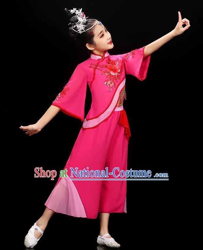 Chinese Traditional Umbrella Dancewear Children Folk Dance Clothing Group Dance Garment Costume Fan Dance Megenta Uniform