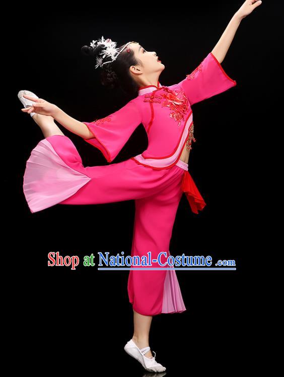 Chinese Traditional Umbrella Dancewear Children Folk Dance Clothing Group Dance Garment Costume Fan Dance Megenta Uniform