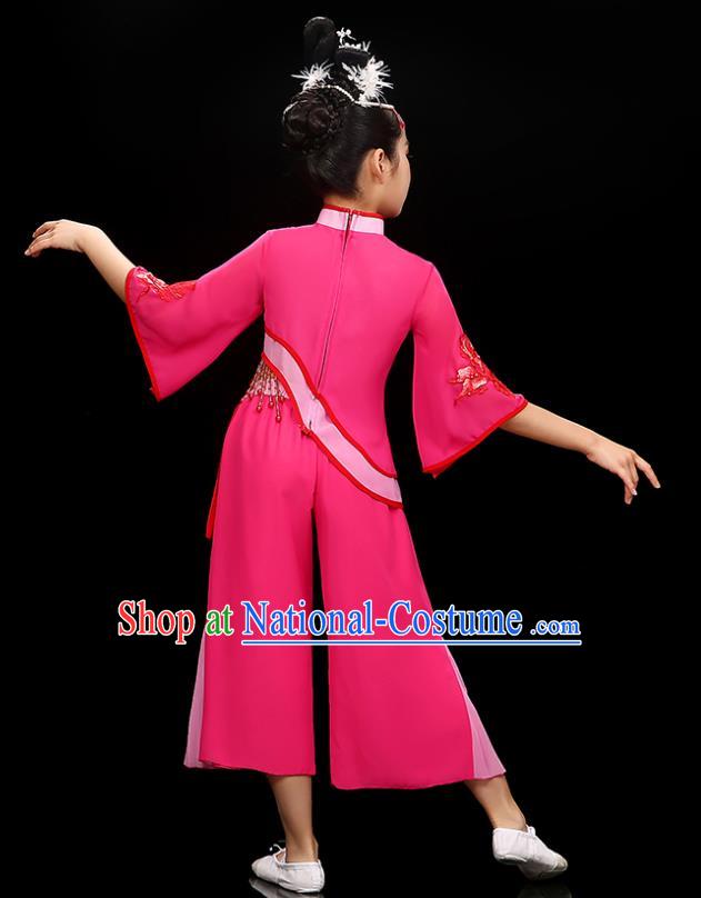 Chinese Traditional Umbrella Dancewear Children Folk Dance Clothing Group Dance Garment Costume Fan Dance Megenta Uniform