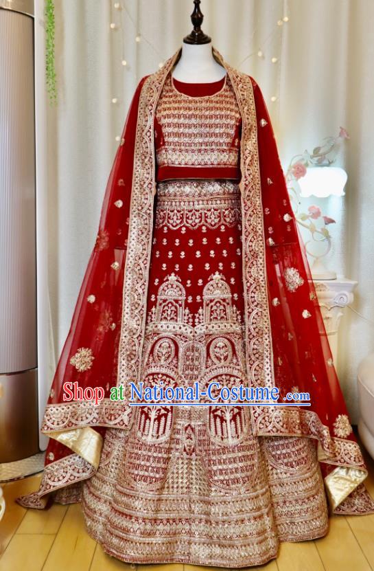 Top India Clothing Indian Bride Lengha Garment Embroidered Red Outfit Traditional Wedding Dress