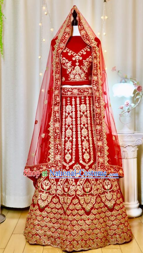 India Traditional Wedding Dress Clothing Indian Bride Lengha Garment Top Embroidered Beads Red Outfit