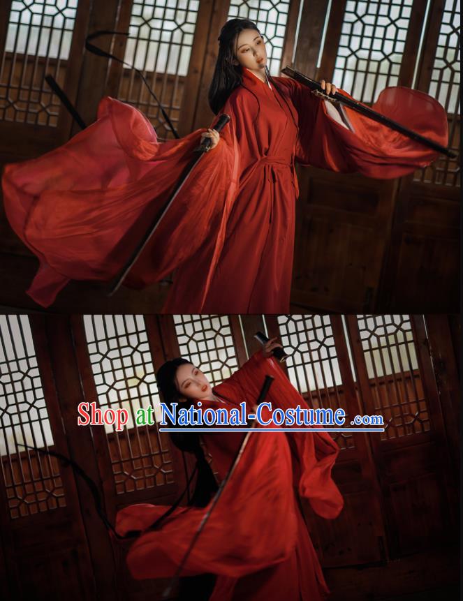 Chinese Wei Dynasty Princess Costumes Traditional Red Hanfu Clothing Ancient Swordswoman Dress Outfits