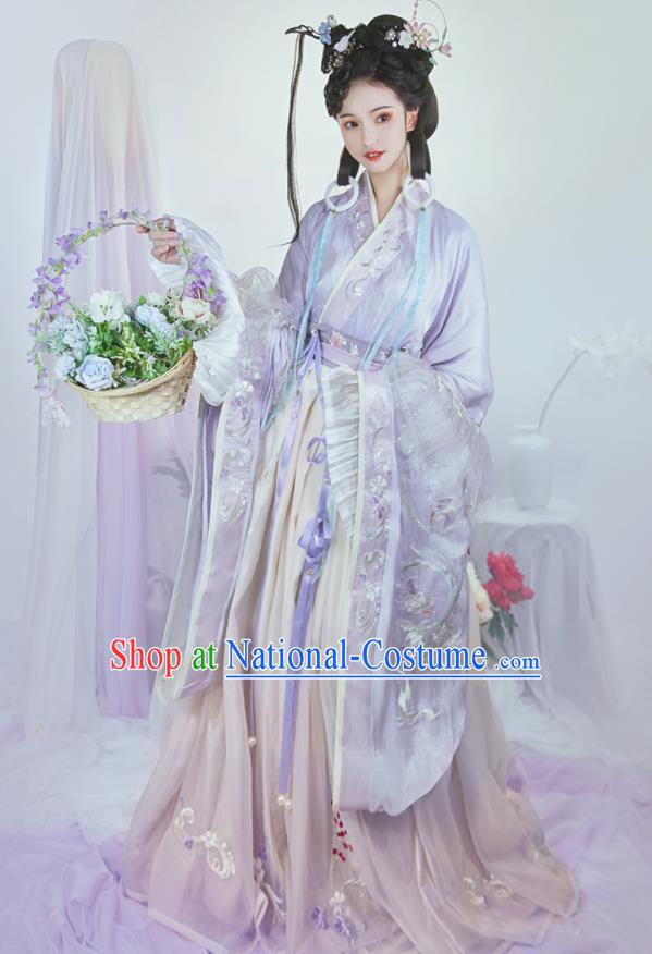 Chinese Southern and Northern Dynasties Princess Costumes Traditional Court Hanfu Clothing Ancient Goddess Lilac Dresses Complete Set