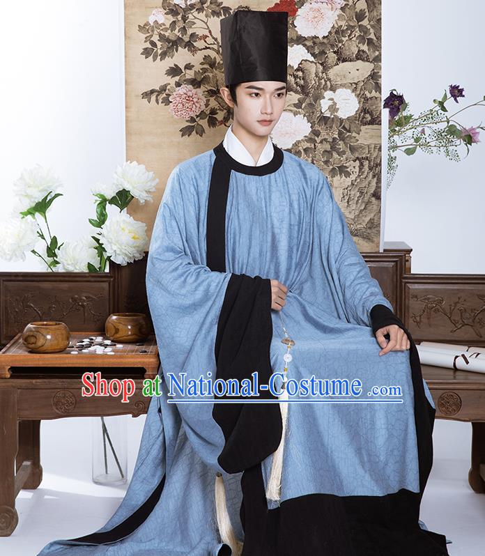 Chinese Traditional Blue Hanfu Robe Ming Dynasty Scholar Garment Costumes Ancient Taoist Clothing