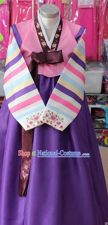 Korean Traditional Clothing Stripes Hanbok Bride Pink Blouse and Purple Dress Korea Festival Garment Costumes