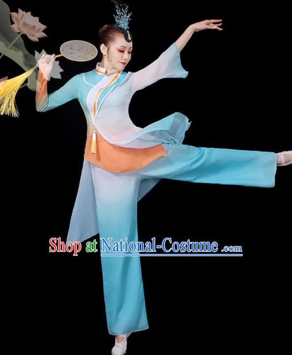 Chinese Classical Dance Clothing Fan Dance Costumes Women Solo Dance Blue Outfit