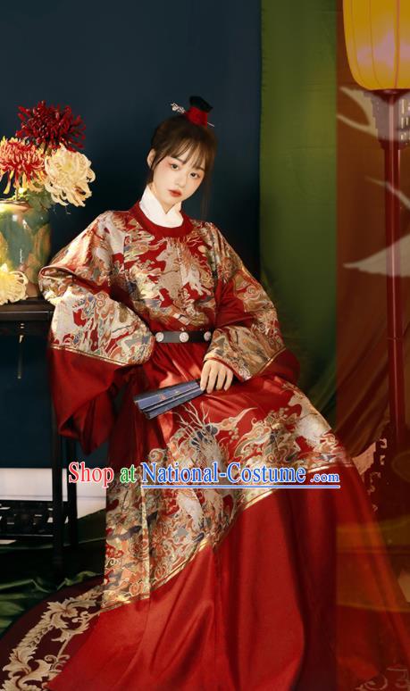 Chinese Ming Dynasty Garment Costumes Ancient Queen Clothing Traditional Hanfu Red Brocade Robe for Women