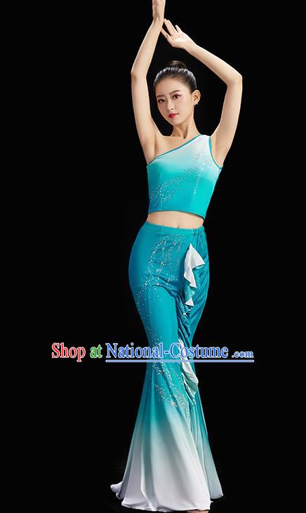 China Peacock Dance Blue Outfit Classical Dance Clothing Women Group Dance Dress Dai Nationality Dance Costume