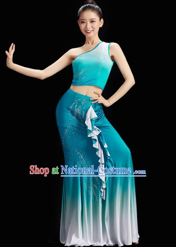 China Peacock Dance Blue Outfit Classical Dance Clothing Women Group Dance Dress Dai Nationality Dance Costume