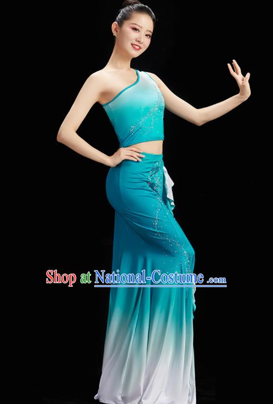 China Peacock Dance Blue Outfit Classical Dance Clothing Women Group Dance Dress Dai Nationality Dance Costume