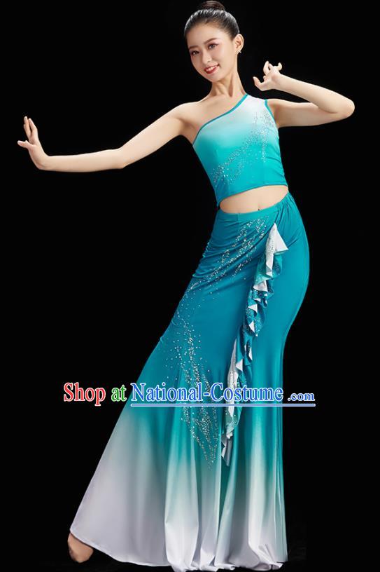 China Peacock Dance Blue Outfit Classical Dance Clothing Women Group Dance Dress Dai Nationality Dance Costume