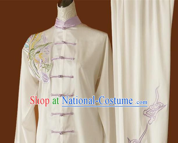 Chinese Martial Arts Costumes Women Tai Chi Training White Uniform Top Embroidered Phoenix Top Blouse and Pants Complete Set