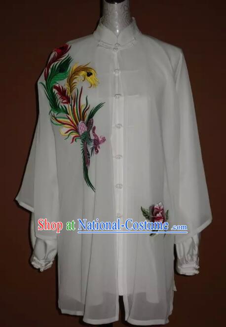 Top Embroidered Phoenix Top Mantle Chinese Martial Arts Costumes Women Tai Chi Training White Shirt