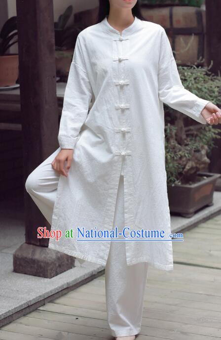 Top Women Tai Chi Training White Linen Jacket Chinese Wing Chun Outer Garment Traditional Martial Arts Costume