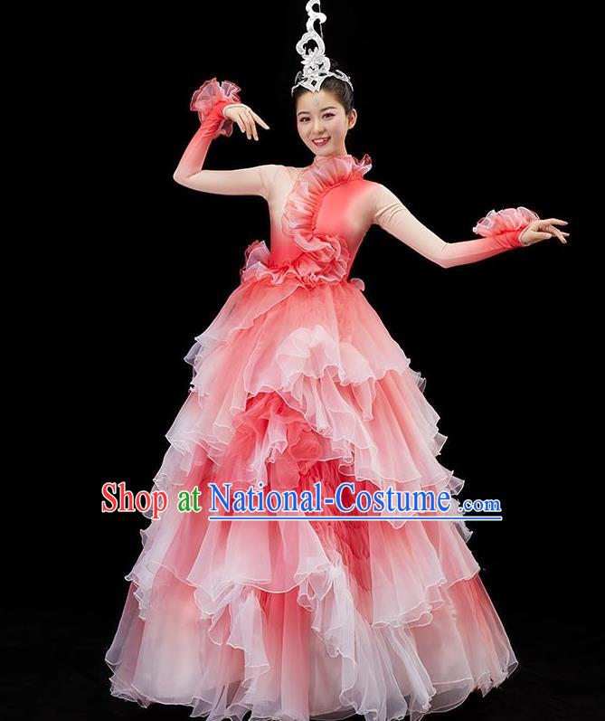 Chinese Modern Dance Pink Dress Flower Dance Garment Opening Dance Clothing Women Group Dance Costume